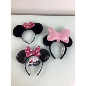 Disney Minnie Mouse Headband light up Sequins Fur  bundle of 3 EUC